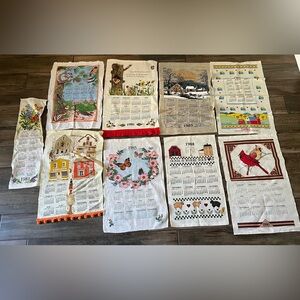 Lot 9 VTG 1980s Linen Calendar Towels Country Farmhouse Folk Kitchen Tea Towels